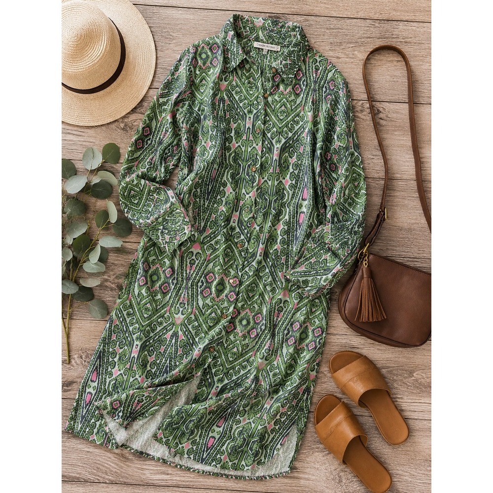 Canyon Retreat Women's Green Ikat Geometric Button Down Midi Shirt Dress XS
